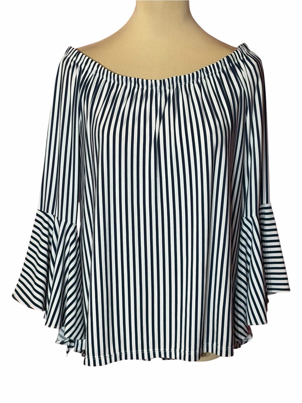Frank Lyman Design Navy White Stripe Off Shoulder Bell Sleeve Blouse Size 6